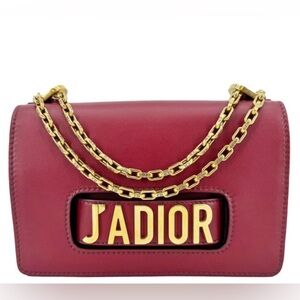 Dior J’ADIOR leather flap clutch bag red burgundy with gold chain.